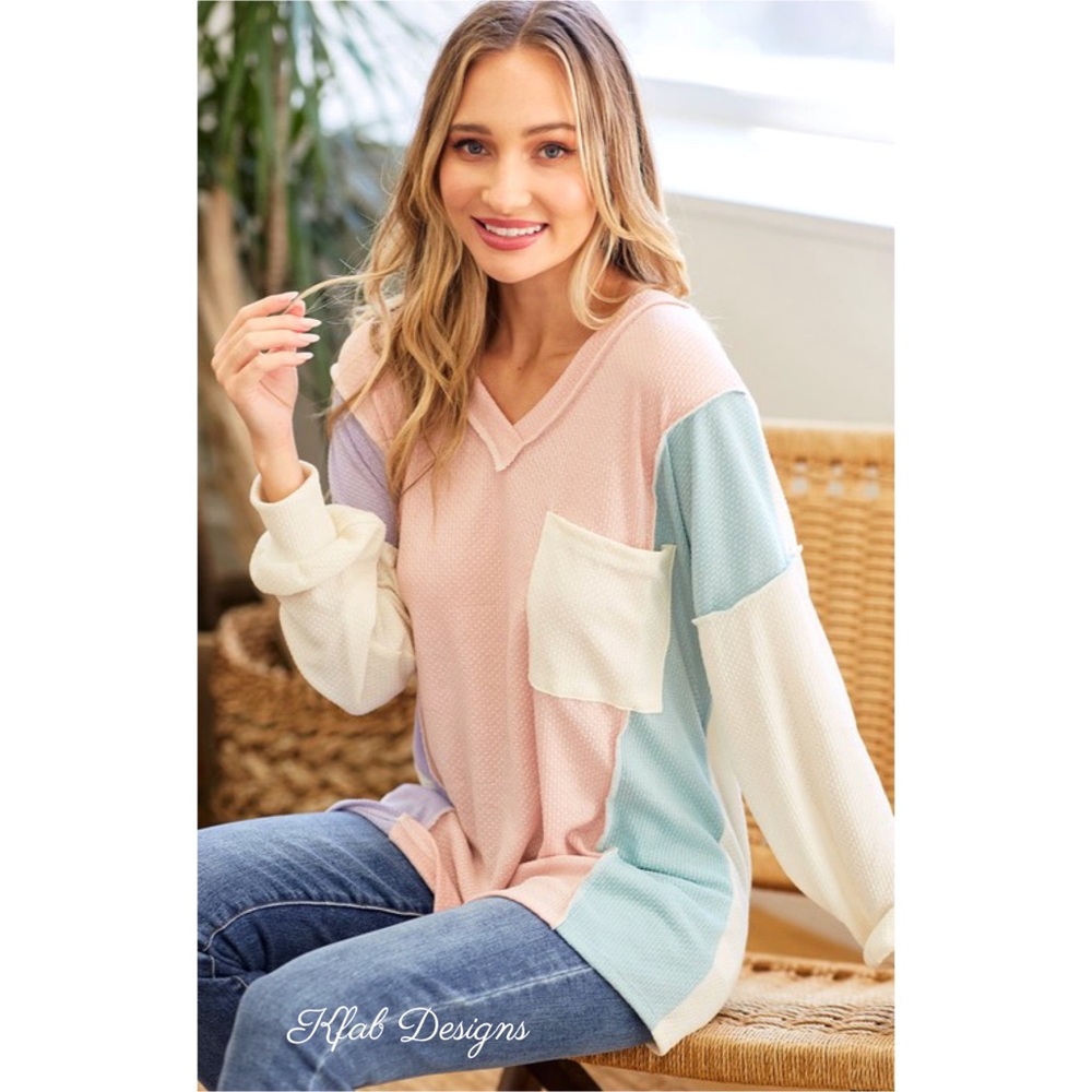 LAST 1! V Neck Pastel Palette Textured Soft Hacci Color Block Top! - Picture 2 of 9